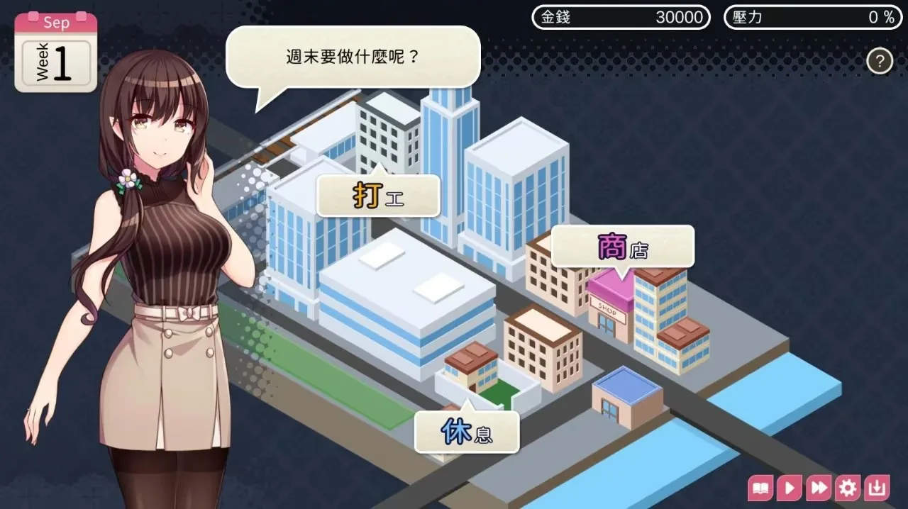 魅魔新妻内容系统中的每周行动地图界面，包含打工、商店和休息选项