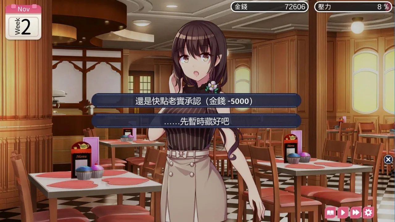魅魔新妻特色截图，餐厅场景中出现路线选择与资金变化提示